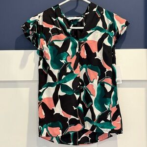Nine West Black, Teal & Coral Abstract Floral Short-Sleeve Blouse NWT